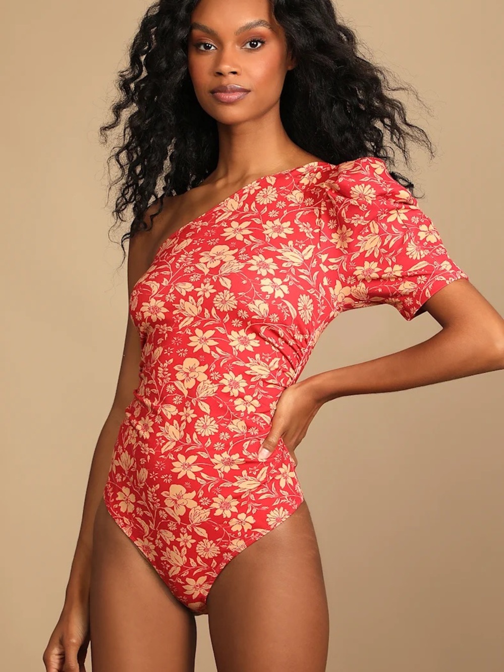 Free People One-Shoulder Floral Bodysuit in Red and Cream